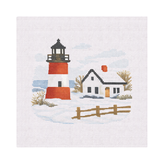 Winter Cottage with Lighthouse — 12" x 12" Canvas