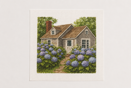 Summer House with Flowering Hydrangeas — 12" x 12" Canvas
